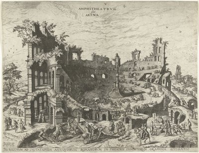 Bir amfitiyatro harabelerinde boğa güreşi Amfitiyatro rvm sinüs Arena (nesne üzerindeki başlık) by Joannes van Doetechum (I)