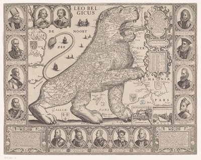 Hollanda aslanı şeklindeki Onyedi İl Haritası Leo Belgicus (nesne üzerindeki başlık) by Joannes van Doetechum (II)