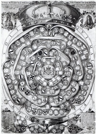 Lancaster ve York Ailelerinin Gülleri Birliği, 1589 (plaka gravürü) by Jodocus Hondius