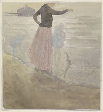 Sahilde iki çocuğu ve köpeği olan bir kadın. by Johan Antonie de Jonge