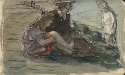 Sahil boyunca iki çocuklu kadın by Johan Antonie de Jonge