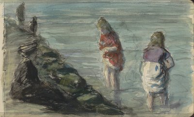 Sahil boyunca iki çocuklu kadın by Johan Antonie de Jonge
