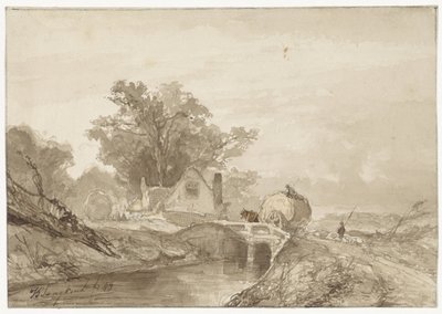 Üzerinde hasatçı olan bir köprü ile manzara by Johan Barthold Jongkind