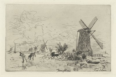 Yel değirmenleri ve patenciler ile manzara Batavia by Johan Barthold Jongkind