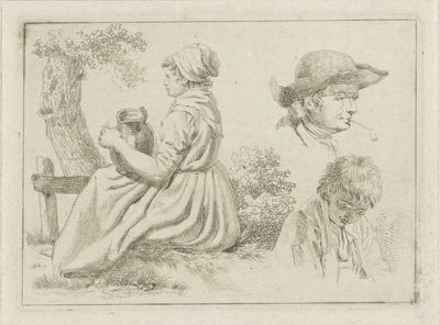 Sürahili oturan kadın, pipolu bir adamın ve bir çocuğun portresi. by Johan Christiaan Willem Safft