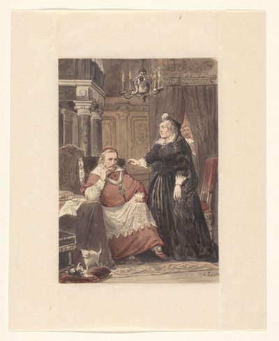 Bir iç mekanda iki kişi, muhtemelen Maria de Medici ve Cardinal de Richelieu by Johan Coenraad Leich (signed by artist)