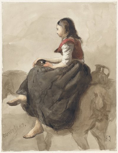 İki testi ile bir at üzerinde oturan kadın by Johan Daniël Koelman