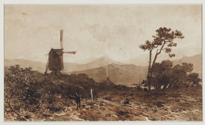 Solda bir değirmen ile tepelik manzara by Johan Hendrik Weissenbruch