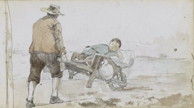Bir çocuğu el arabasına iten bir adamla manzara by Johan Hendrik Weissenbruch
