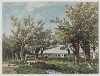 İki çocuğun balık tuttuğu bir hendek ile manzara by Johan Hendrik Weissenbruch