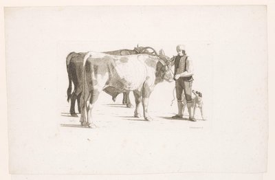 Bir boyunduruk ile iki öküz yanında bir adam ve bir köpek by Johan Jakob Biedermann