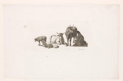 Sığır ve koyun ile bir inek sağan kadın. by Johan Jakob Biedermann
