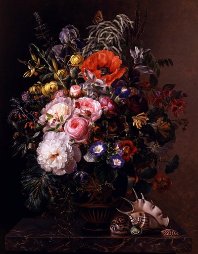 Yunan vazosu içinde gelincik, şakayık, gül ve nasturtiumlar. Johan Laurentz Jensen (1800-1856) tarafından yapılmıştır. Özel koleksiyon. by Johan Laurents Jensen