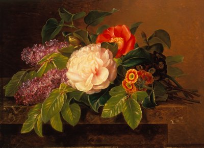 Mermer Çıkıntıda Şakayık, Leylak ve Çuha Çiçeği (panelde yağ) by Johan Laurents Jensen