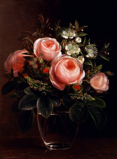 Cam Vazoda Güller ve Ağaç Anemonları. Peinture de Johan Laurentz Jensen (1800-1856 Danimarka) Collection privee by Johan Laurents Jensen