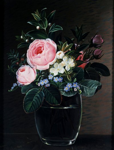 Cam vazo içinde güller ve unutma beni. Johan Laurentz Jensen (1800-1856) tarafından yapılmış resim Özel koleksiyon. by Johan Laurents Jensen