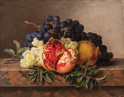 Mermer bir çerçeve üzerinde nar ve yeşil ve mavi üzümler, 1833. by Johan Laurentz Jensen