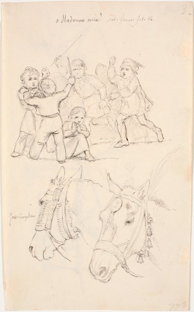 İki at kafasının altında kavga eden bir grup erkek çocuğunun ortasında küçük bir kız by Johan Thomas Lundbye