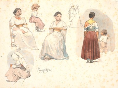 Biri elinde bir çocuk olan İtalyan kadınlarla ilgili dört çalışma, bir çocuk çalışması ve bir sokak süpürücü çalışması by Johan Thomas Lundbye