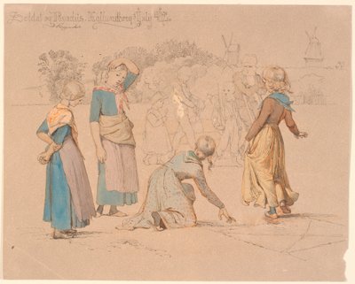 Ön planda bazı kızlar cennetten atlıyor. Arka planda asker oynayan bazı çocuklar ve geçersiz bir izleme by Johan Thomas Lundbye