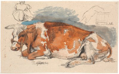 yalancı inek Sol üstte oturan bir köylü kızı, t.h. karahindibadan su içen kedi by Johan Thomas Lundbye
