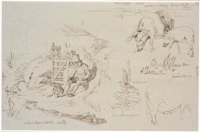 Vognserup'tan çalışma dergisi. T. v. Bir köpekle birlikte bir barda oturan bir çoban (eski Rasmus Larsen). Foth yer adları ile bir peyzaj çalışması. İki domuz dahil. Bir göldeki sazlıkların Thmf çalışması. Bir kraliyet mum bitkisi ve bir dişi domuz çal by Johan Thomas Lundbye