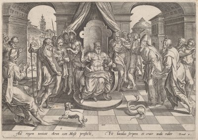 Firavunun huzurunda Musa ve Harun by Johan Wierix, after Maarten van Cleef
