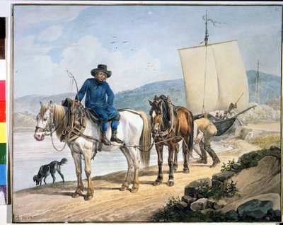 ""Nehirde Bir At Ve Araba"". Bir nehir boyunca bir tekneyi çeken veya bir yedekte mal boşaltmak için kullanılan atlar". Johann Adam Klein