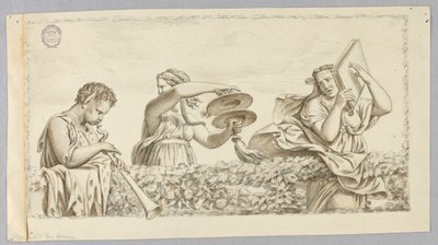 Flüt Çalan Bir Satyr Çocuk, Zilli Bir Kız, Kitaplı Bir Kadın by Johann August Nahl the Younger