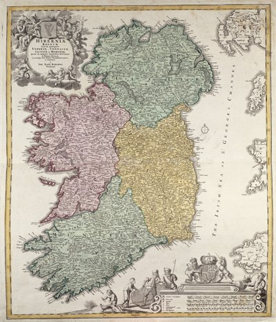 Ulster, Munster, Connaught ve Leinster İllerini gösteren İrlanda haritası, Johann B. Homann, c.1730 (el renkli gravür) by Johann Baptista Homann