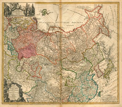 Rusya Haritası (Asya ve Avrupa'nın tamamına Rus İmparatorluğu ve Tataristan Haritası'ndan) - Homann, Johann Baptist (1663-1724) - 1738 - Bakır gravür, sulu boya - Özel Koleksiyon by Johann Baptista Homann