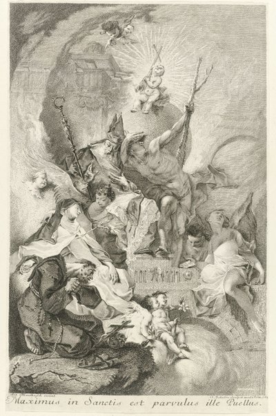 Het Christkind als Salvator Mundi, verscheidene heiligen en paus Clemens XIII ile tanıştı Azizler arasında Maximus o küçük çocuktur (nesne üzerindeki başlık) by Johann Beheim