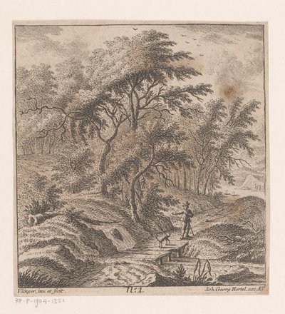 Orman kenarında yürüyen köpekli adam by Johann Caspar Ulinger