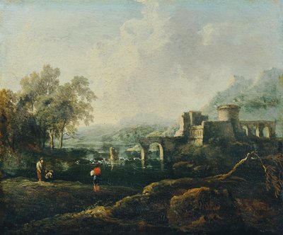 Nehir ve Yıkık Köprü ile İdeal Manzara (Sabah) by Johann Christian Brand