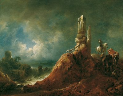 Ay Işığında Harabeler ve Binicilerle Manzara by Johann Christian Brand