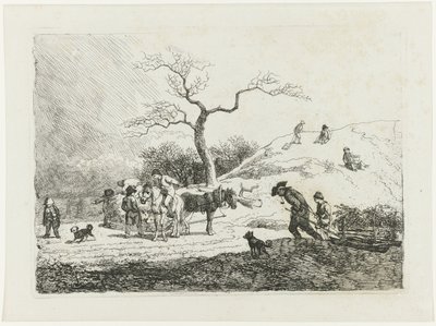 Kızak yapan çocuklar ve çeşitli kızaklarla kış manzarası by Johann Christian Klengel