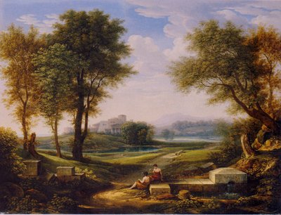 Almanca: Bir pınar başında iki çoban ile ideal manzara. by Johann Christian Reinhart