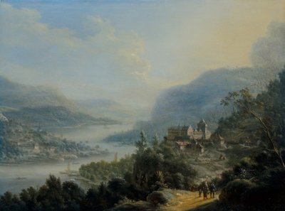 Bir kalenin yanında bir yolda gezginlerin olduğu geniş bir Ren manzarası by Johann Christian Vollerdt or Vollaert