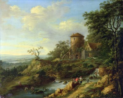 Kule Yakınında Balıkçılarla Rhenish Manzarası (tuval üzerine yağlıboya) by Johann Christian Vollerdt or Vollaert