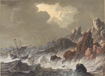 Fırtınada Fırlatılan Gemiler Kayalık Bir Sahilde Batırıldı. by Johann Christoph Dietzsch
