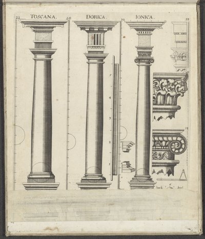 Toskana, Dor ve İyon düzenlerinin üç sütunu Toskana / Dorica / Ionica (nesne üzerindeki başlık) Funf Ordnungen der Architektur (dizi adı) by Johann Christoph Feinlein