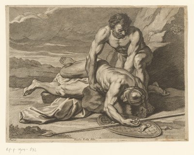 Bir adam Romalı bir mızrak taşıyıcısının cesedini kollarına alıyor by Johann Conrad Reiff