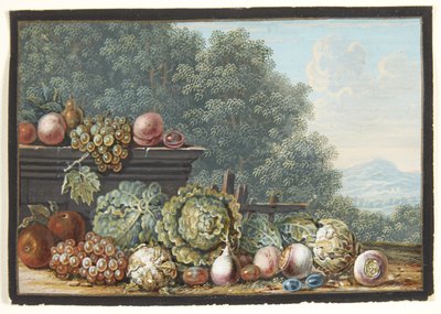 Sebze ve meyvelerle dolu bir natürmort. Arka planda bir güney dağ manzarasının görünümü by Johann Dietzsch