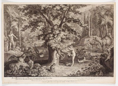 Eva bilgi ağacındaki elmayı seçer by Johann Elias Ridinger