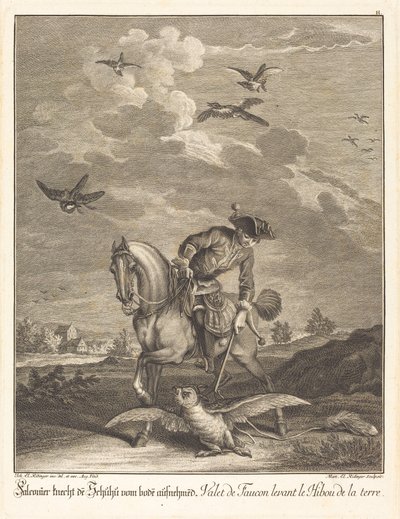 Falconeer Yerden Bir Baykuş Kaldırıyor by Johann Elias Ridinger