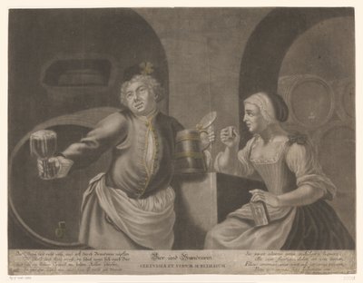 Erkek ve kadın bira ve brendi içer Bira ve Brandewein / Cerevisia et vinum sublimatum by Johann Elias Ridinger