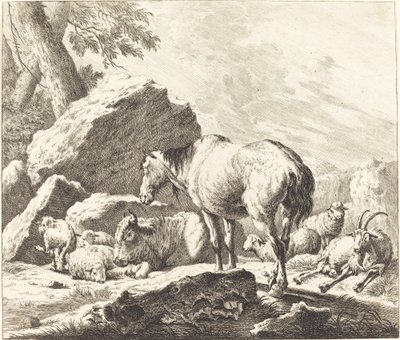 İtalyan Manzarasında Bir At, Bufalo, Koyun ve Keçi by Johann Elias Ridinger after Johann Heinrich Roos