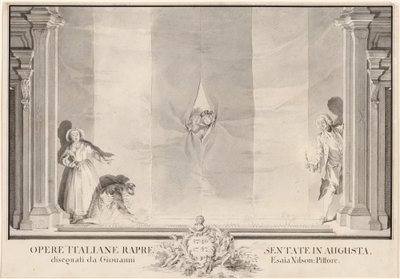 İki Oyuncu Tiyatro Perdesinden Bakarken Diğerleri Sahne Işıklarını Hazırlıyor by Johann Esaias Nilson
