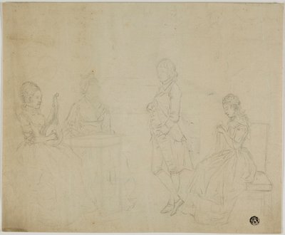 Üç Oturan Kadın ve Ayakta Genç Adam ile Aile Grubu Kroki by Johann Friedrich August Tischbein