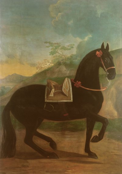 İspanyol eyeri takan bir siyah at by Johann Georg Hamilton